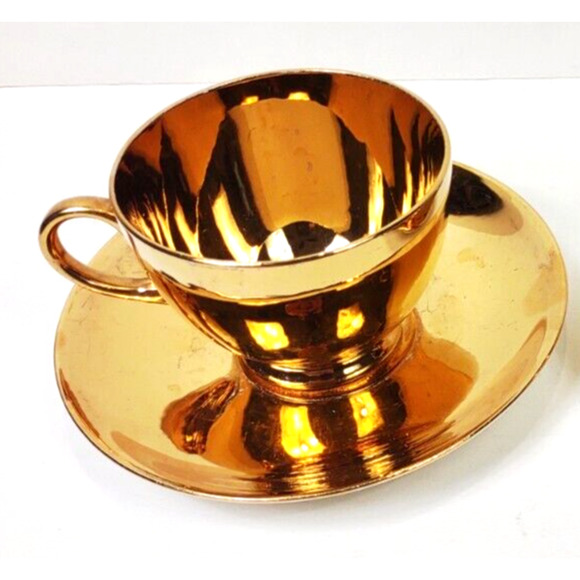 Antique Geo. H. Bowman & Son Gold Tea Cup Saucer 1920-40's Eggshell USA - Picture 3 of 8